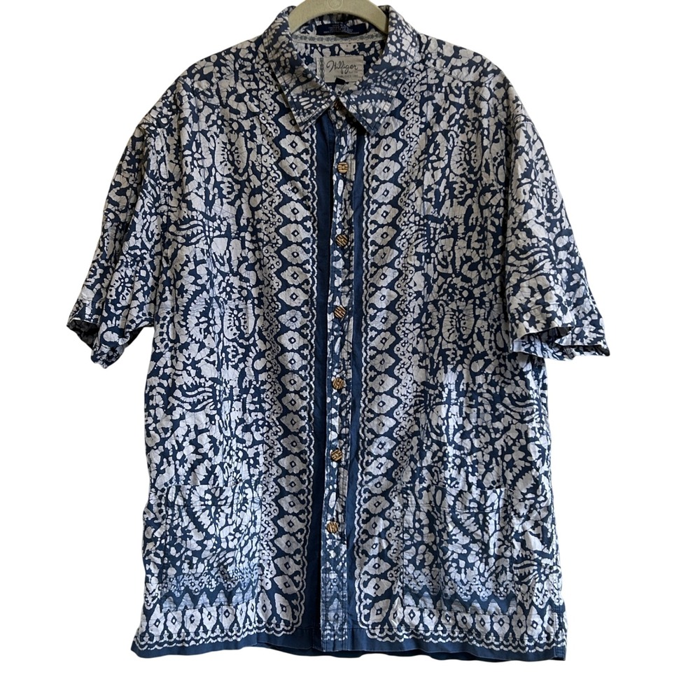 Hilfiger Surf Co Shirt XL Blue Batik Tribal Print Cotton Button Down